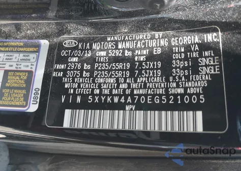 2014 Kia Sorento Limited V6 из США, поврежденный, VIN 5XYKW4A70EG521005